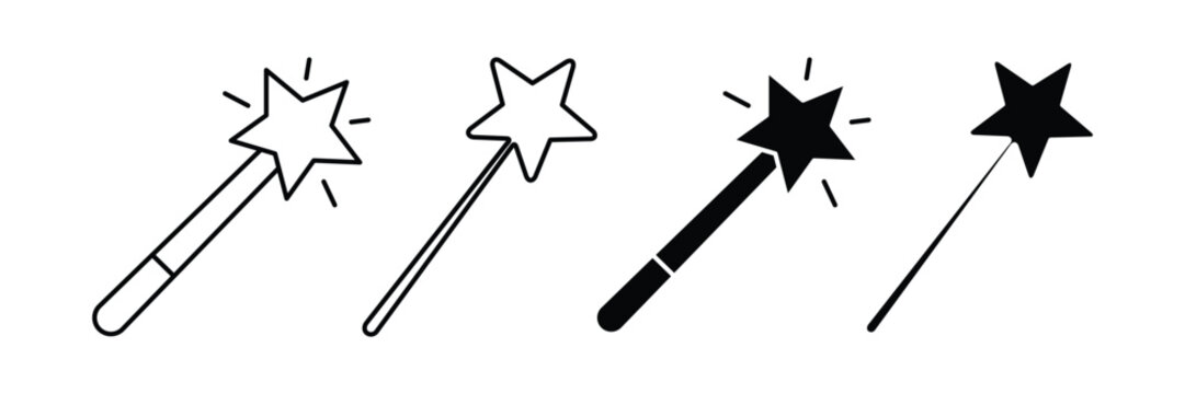 Magic Wand Vector Icon Set, Fairy Wand Outline and Silhouette Collection for Fantasy, Wizard, Enchantment and Magic Show Design Isolated on White Background