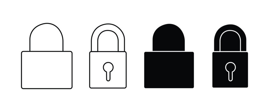 Padlock Vector Icon Set, Secure Lock Outline and Silhouette Collection for Security, Privacy, Protection and Cybersecurity Design Isolated on White Background