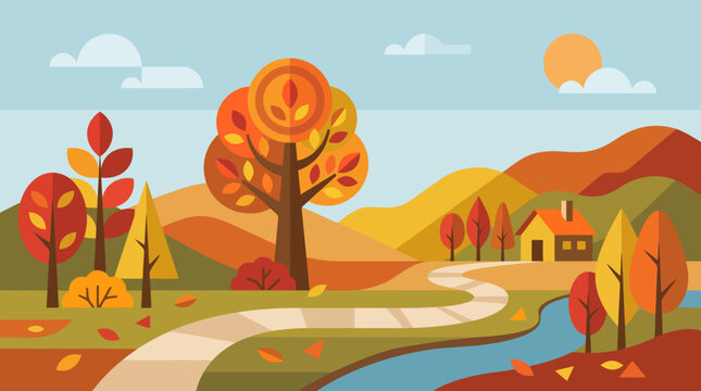 Vibrant autumn landscape featuring a rustic dwelling alongside a meandering river and colorful foliage creating a picturesque rural panorama perfect for seasonal themes and agricultural concepts