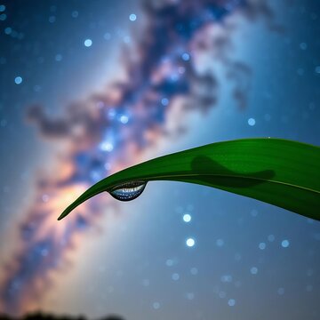 Glimmering dewdrop on leaf magnifies Milky Way's swirling clouds of gas and dust, leaf, night sky