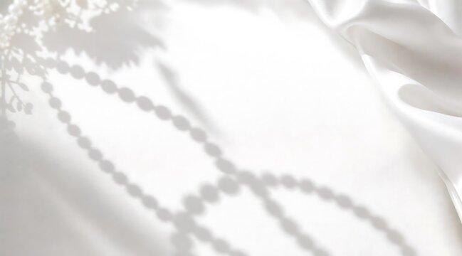 White silk background with elegant shadows of beads and delicate flowers