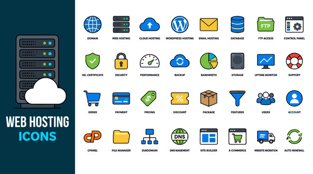 Web Hosting Icons Set Highlighting Servers Storage and Networks.