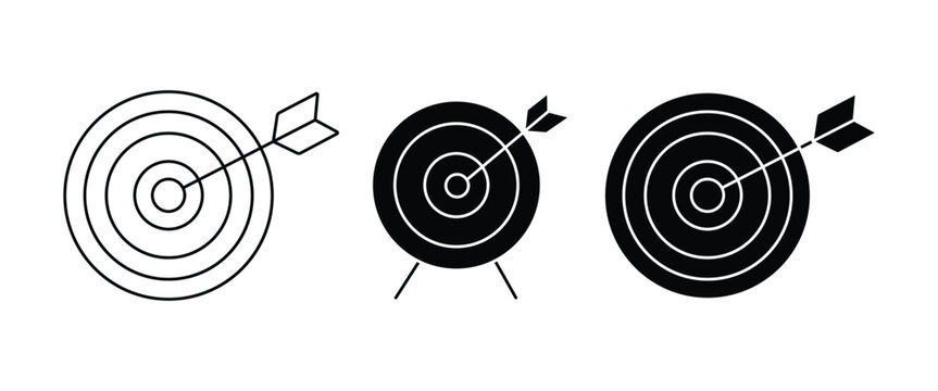 Archery Target Vector Icon Set, Bullseye Target with Arrow Outline and Silhouette Collection for Aim, Goal, Accuracy and Business Success Isolated on White Background
