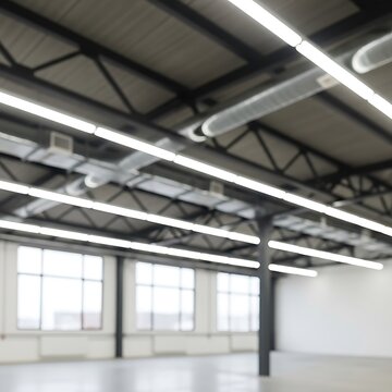 Modern Industrial Interior with Exposed Ceiling Beams and Lighting.