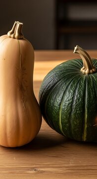 Decorative Pumpkins and Gourd on Wooden Surface for Autumn Seasonal Display.