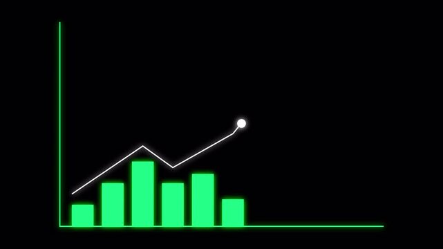 Neon Green Business Growth Bar Chart and Rising Line Animation with Alpha Channel