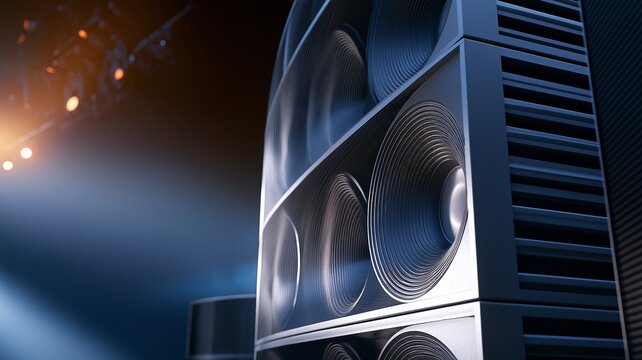 Professional line array speakers on concert stage, concepts live music, audio engineering, event production, entertainment, and sound technology.