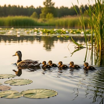 Family of Ducks Swimming in Calm Lake Scene.