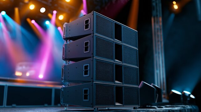 Professional line array speakers on concert stage, concepts live music, audio engineering, event production, entertainment, and sound technology.