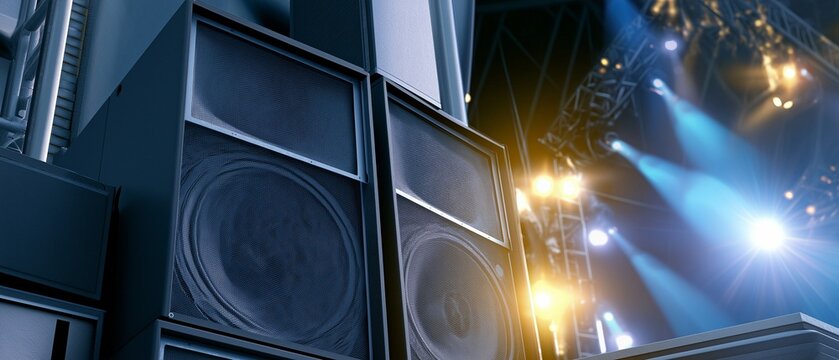 Professional line array speakers on concert stage, concepts live music, audio engineering, event production, entertainment, and sound technology.