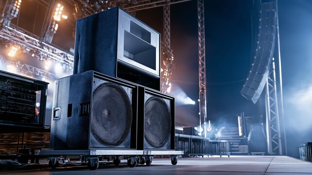Professional line array speakers on concert stage, concepts live music, audio engineering, event production, entertainment, and sound technology.