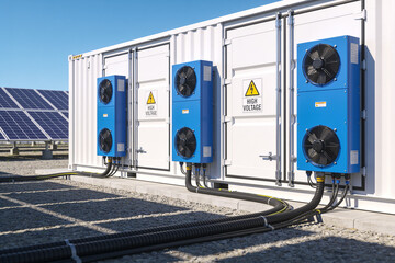 Modern energy storage system with solar panels and cooling units © Snide12