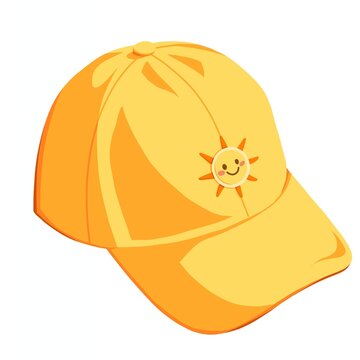 vector illustration of a pumpkin yellow baseball cap with sun embroidery - summer hat