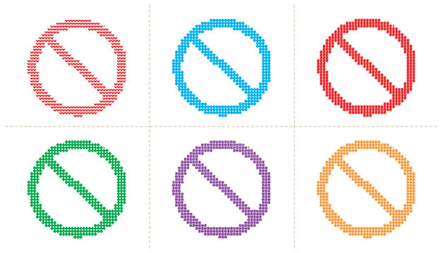 Prohibited sign collection in vector illustration style with textured halftone pattern.