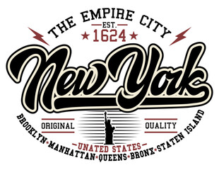 Obraz premium Vintage Athletics Style New York City Empire City Apparel Graphic with Statue of Liberty Silhouette and Borough Names for T-Shirt Design.