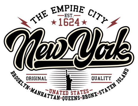 Vintage Athletics Style New York City Empire City Apparel Graphic with Statue of Liberty Silhouette and Borough Names for T-Shirt Design.