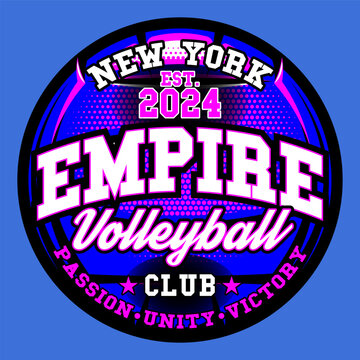 High Energy Sportswear Graphic for Empire Volleyball Club with New York Text and Pink Blue Grunge Halftone Pattern Circle Design.