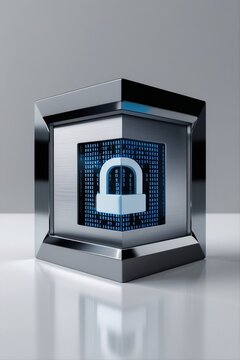 Premium conceptual visualization of an enterprise encrypted data vault featuring a digital padlock embedded within a metallic security enclosure, representing zero trust cybersecurity, confidential da