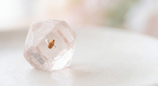 A small seed encapsulated in a translucent amber sugar crystal with elegant light copyspace, Concept of future investment, growth, and legacy 透明な琥珀糖の中心に包まれた小さな種と美しい光の余白 未来への投資や成長を表現するコンセプト背景
