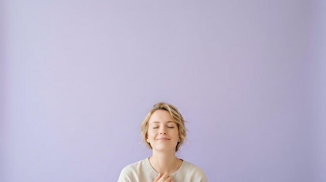 Young man with blonde wavy hair and fair complexion wearing beige sweater against purple background, looking upward with positive expression for lifestyle and portrait use.