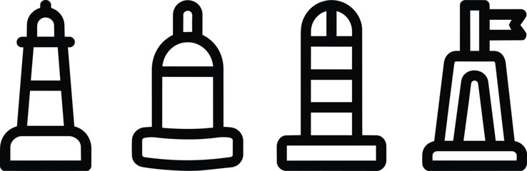 Marine navigation icons featuring minimalist line art outlines of lighthouses, floating buoys, tower beacons © Yasin