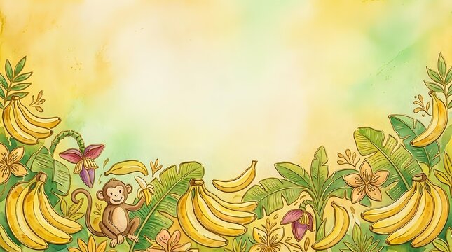 Watercolor tropical border with bananas, palm leaves, flowers, and a cute monkey illustration on a blank yellow-green background