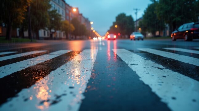 Franjas blancas audaces que reflejan las luces de la ciudad y las nubes de tormenta