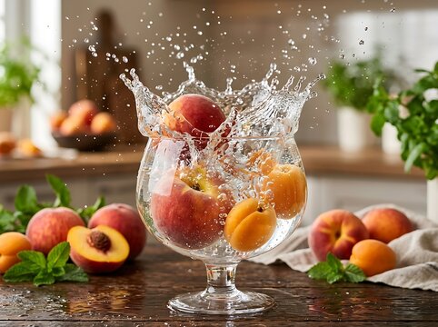 Fresh Peaches Splashing into Water in a Glass.