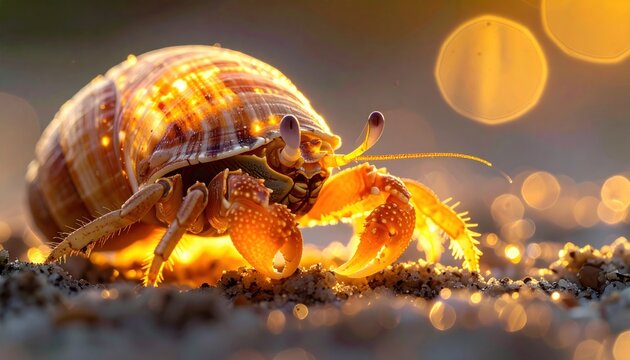 A close-up of a hermit crab in golden sunlight, showcasing shell and claws on sand