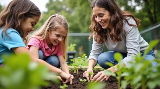 Alumnos de primaria plantando hierbas en un huerto escolar al aire libre con su maestra