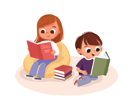 Some children with books sitting on floor while reading books with pleasure and curiosity. Little kids are reading and dreaming. Children are immersed, absorbed in reading. Kids are captivated by read