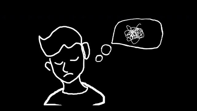 Hand drawn of man sad with bubble tangled chaotic scribble  head  animation suitable sad theme and stress and a lot on one's mind. alpha channel only 4k.