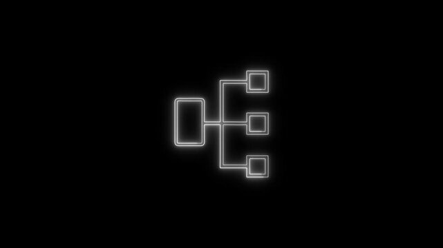 A glowing blue neon icon on a black background depicting a flowchart or hierarchy structure. It features one main rectangular node on the left branching out into three smaller square nodes