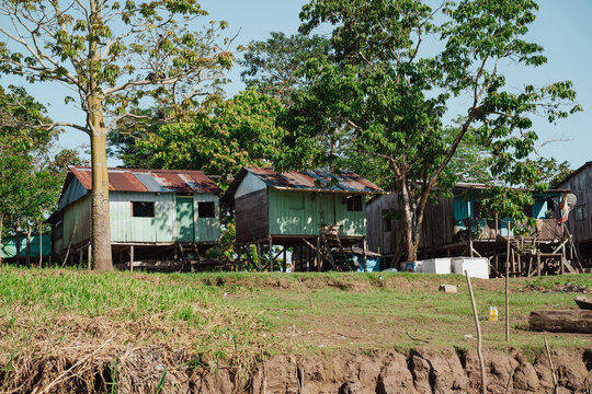  streets and wooden houses on the banks of the Amazon River.