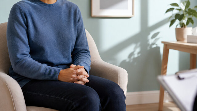 woman sitting in armchair during therapy session. Patient talking to psychologist in clinic. Mental health support and counseling service. Professional clinical consultation, healthcare concept