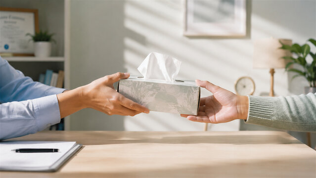 professional therapist passing box of facial tissue to patient. Supportive clinical consultation scene. Healthcare concept for empathy and compassion during mental health treatment session
