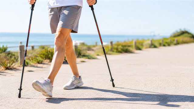 senior man legs walking with nordic poles on coastal path. Active retirement lifestyle and fitness exercise outdoor. Healthy movement, sports activity, cardiovascular training concept