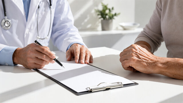 male doctor writing prescription for senior female patient. Healthcare consultation in clinic office. Professional medical advice, patient record entry and hospital visit concept