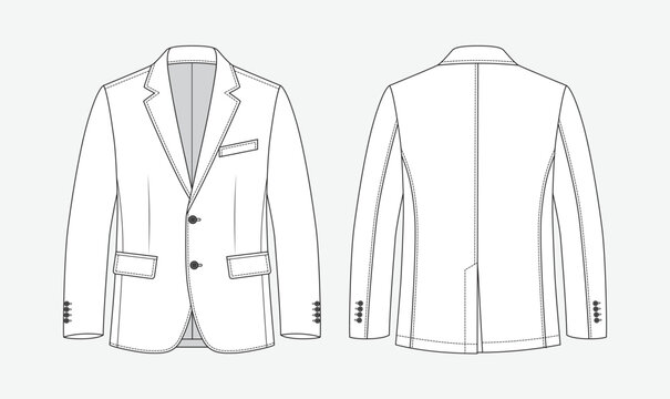 Mens Blazers Technical Flat Sketch Fashion Front and Back View Slim Fit Business Casual Men Suit Sport Coat Editable Vector