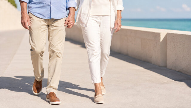 senior man and woman walking holding hand on ocean promenade. Retired couple enjoying romantic summer vacation lifestyle. Active lifestyle, love, retirement, and togetherness concept
