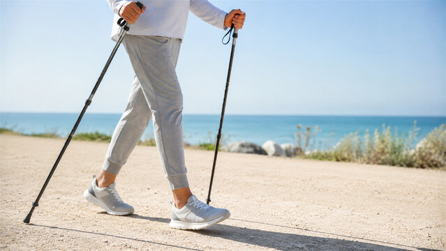 woman walking with poles near the ocean. Nordic walking exercise on a coastal path. Healthy lifestyle activity for fitness and weight loss. Active senior cardio workout outdoors