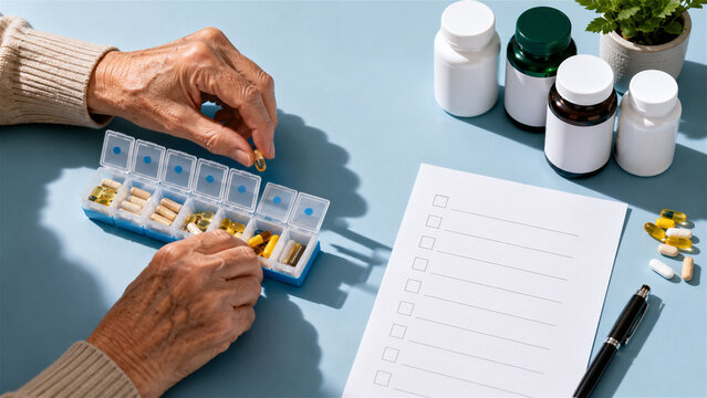 elderly woman organizing medication in daily pill box. Senior planning pharmaceutical dosage schedule with checklist. Healthcare management, routine disease prevention and nursing treatment