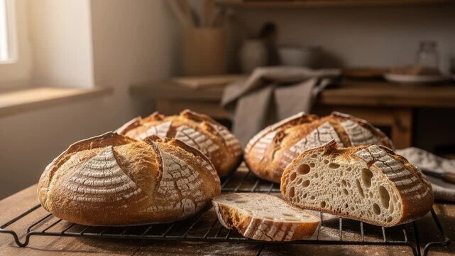 Freshly baked rustic sourdough bread with golden crust and airy texture on cooling rack in cozy kitchen
