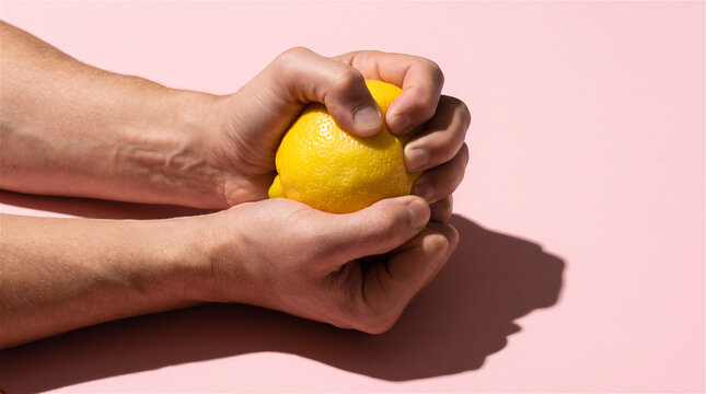man squeezing a fresh yellow lemon with both hands. Close up of male fingers pressing citrus fruit. Healthy organic food, vitamin, raw ingredient, cooking and dieting concept