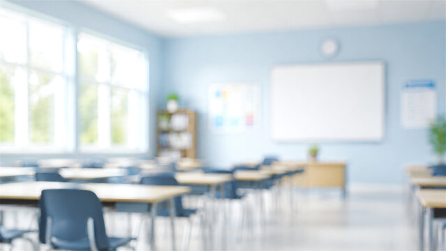 blurred view of a school classroom with desks and white board. Educational space for student and teacher study. Empty academic facility interior for learning background template