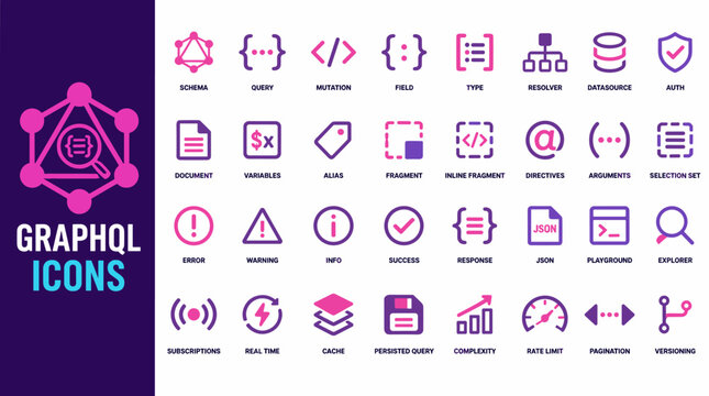 Graphic Icon Set of GraphQL Icons for User Interface Design.