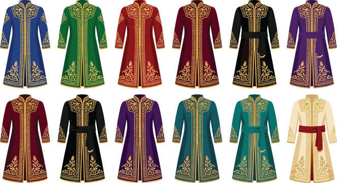 Central Asian Chapan Kaftan Costume Set with Traditional Golden Embroidery Patterns For Cultural Ethnic Apparel Vector Graphic Designs