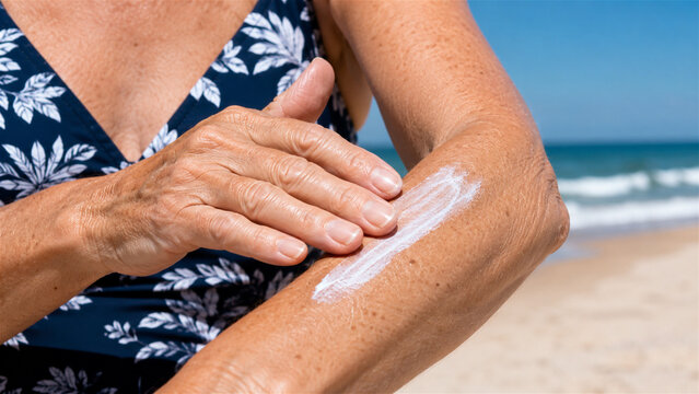 senior woman applying sunscreen lotion on her arm at the beach. Skin care protection against sun damage and ultraviolet rays. Summer wellness, dermatology and healthy aging concept