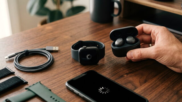 Tech enthusiast pairing true wireless earbuds with a fitness smartwatch on a walnut desk with smartphone, braided charging cable, and neatly coiled bands.