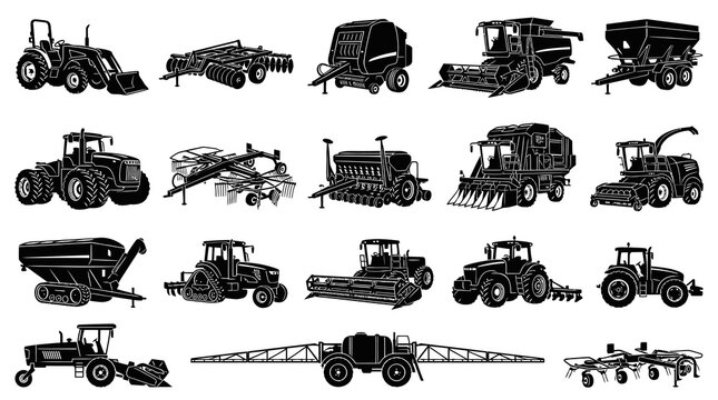Agriculture Industry Farm Machinery and Equipment Black and White Silhouette Vector Icons Set